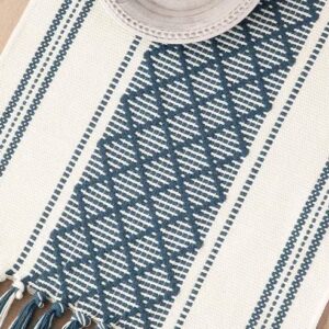 North Field Handloom Table Runner 100% Cotton 14 x 54 Inch for 4-6 Seater Dining Tables - Enhance Your Dining Rooms, Kitchens, Bedrooms, and Living Spaces - Ideal Carpet Runner for Center Tables, Kids Rooms,Weight-0.5 Kg,White/Navy Blue