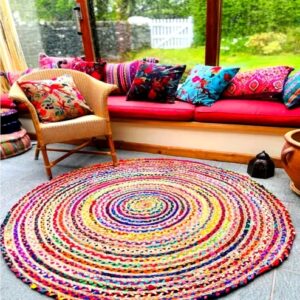 KMDD - Home Decor Jute Cotton Braided (4 Feet) Reversible Rug for Living Room Bedroom Kitchen Entryway | Boho Stylish Multicolor Mat (120 CM Round)