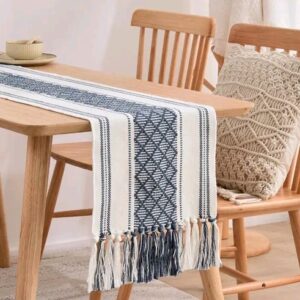 North Field Handloom Table Runner 100% Cotton 14 x 54 Inch for 4-6 Seater Dining Tables - Enhance Your Dining Rooms, Kitchens, Bedrooms, and Living Spaces - Ideal Carpet Runner for Center Tables, Kids Rooms,Weight-0.5 Kg,White/Navy Blue