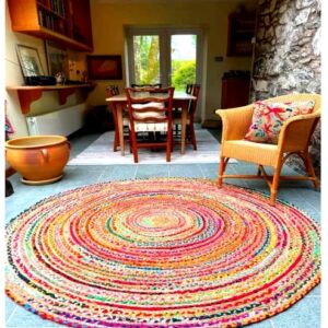 KMDD - Home Decor Jute Cotton Braided (4 Feet) Reversible Rug for Living Room Bedroom Kitchen Entryway | Boho Stylish Multicolor Mat (120 CM Round)