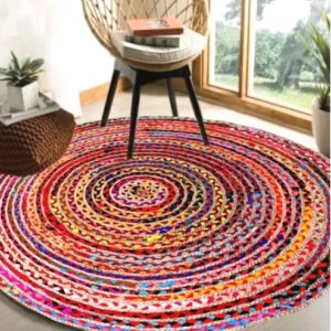 KMDD - Home Decor Jute Cotton Braided (4 Feet) Reversible Rug for Living Room Bedroom Kitchen Entryway | Boho Stylish Multicolor Mat (120 CM Round)