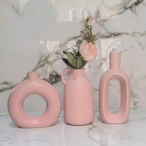 Allcreations Ceramic Vase Set of Three Ring Vase, Mug Vase and Hollow Vase Pink Color
