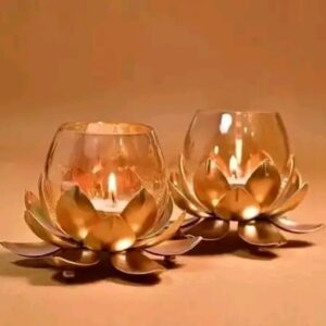 New Elegent Craft Metal Lotus Flower Shape Candle Tealight Holder with Crackled Glass Iron 1 Cup Candle Holder Set (Pack of 2